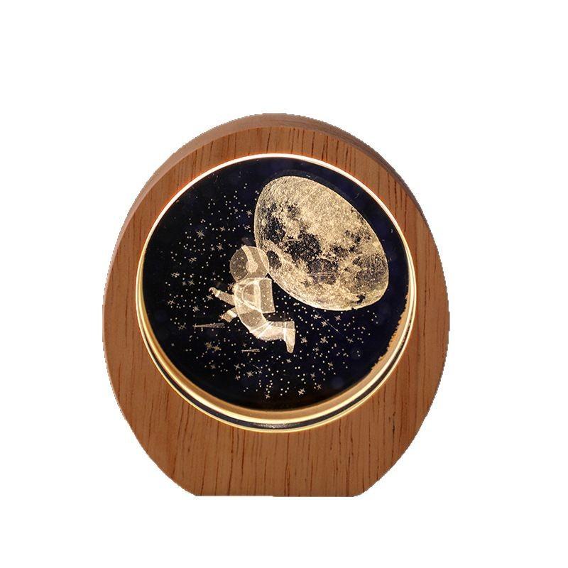 Planet Night Light 3D Inner Engraving Luminous Crystal Desktop Ornament Wooden Base