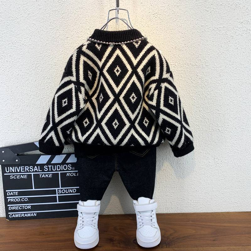 Boys' Plush Sweater Winter Baby's Knitted Sweater Jacket Spring and Autumn Base Top Children's Thick Woolen Sweater