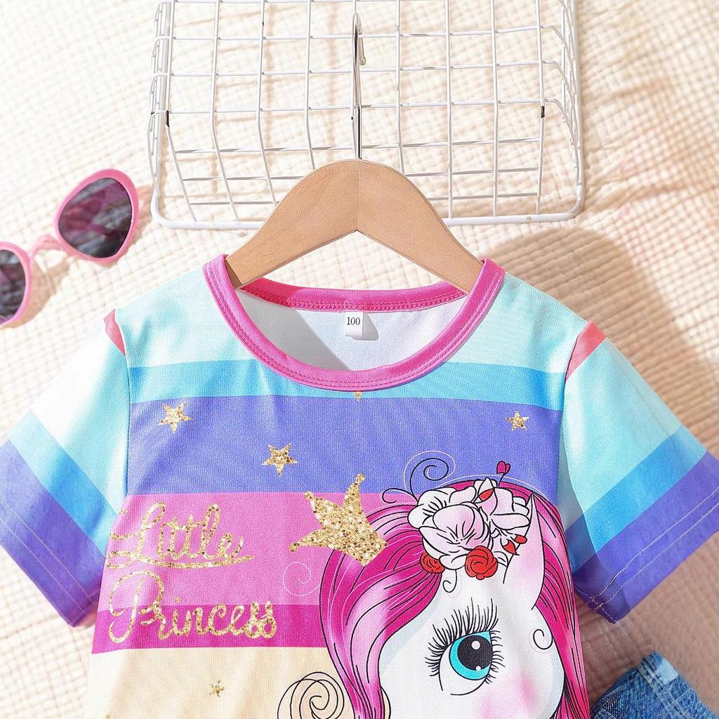 2025 Summer Girls' Fashion Denim Two-Piece: Long Pants & Round Neck T-Shirt Set