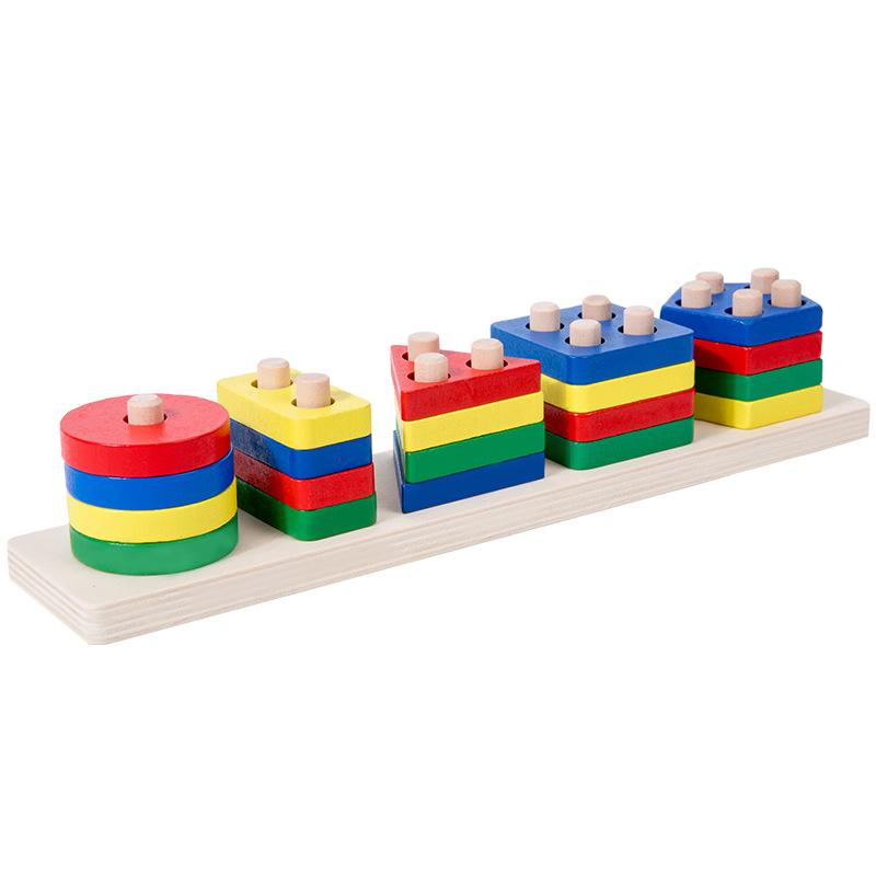 Montessori Wooden Geometric Shape Five Sets of Columns Blocks Assembling Children's Enlightenment Early Education Puzzle Toys