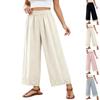 Damen High Waist Lockere Baumwoll-Leinenhose mit elastischem Bund und Taschen Lässige Weitbeinige Hose Bestickter Saum