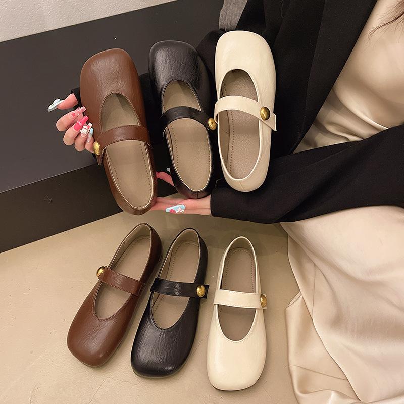 2025 new spring and summer retro versatile round head flat-soled single shoes soft leather comfortable versatile one-word belt women's shoes