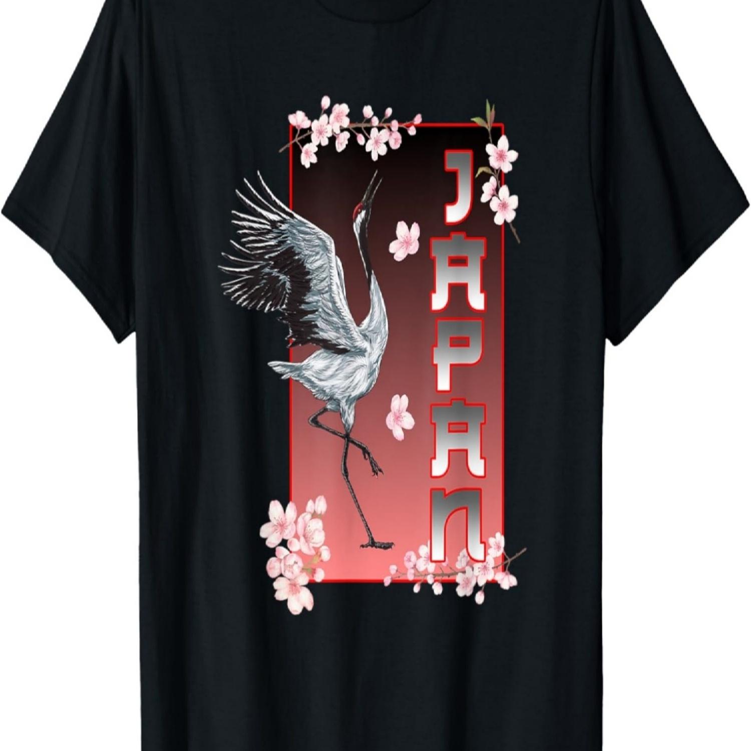 Футболка с журавлем, танцующим среди сакуры S чёрный