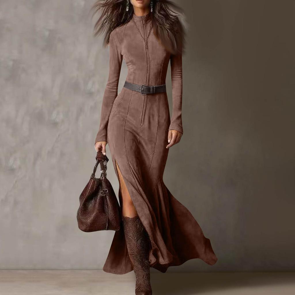 Abito Camicia Cowboy Western da Donna con Design Avvolgente Plissettato, Abito Maxi Fluido con Spacco Alto e Orlo Arricciato, Abito a Maniche Lunghe