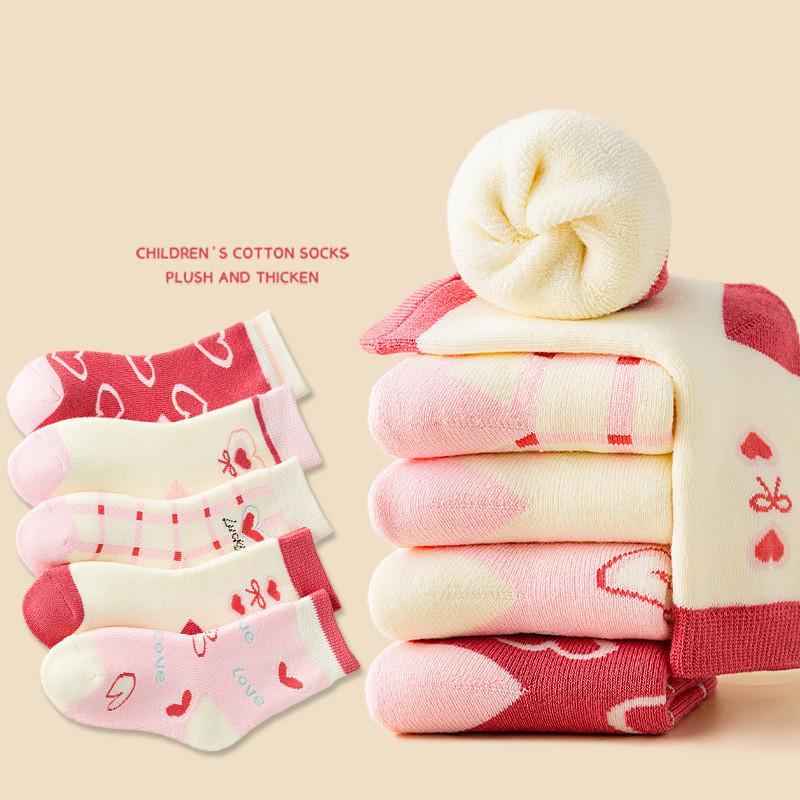 

5 пар детских зимних термоносков, мягкие полиэстеровые, утолщенные, теплые, нескользящие, для девочек, милый дизайн с сердечками, 1-16 лет, бутик 5-8 years(15-18 cm)