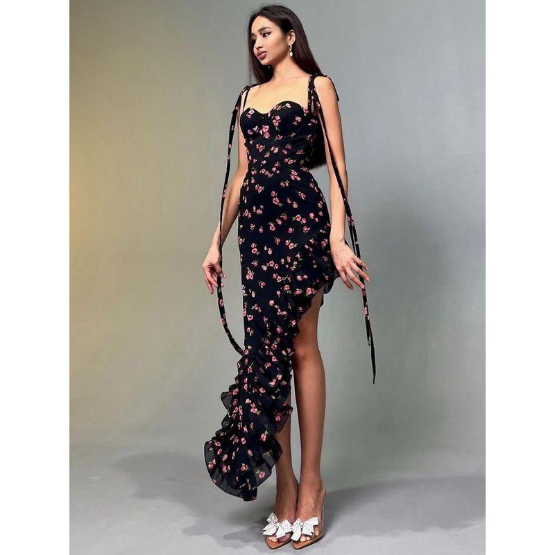 Sexy Tether Dress Oblique Mesh Floral Sling