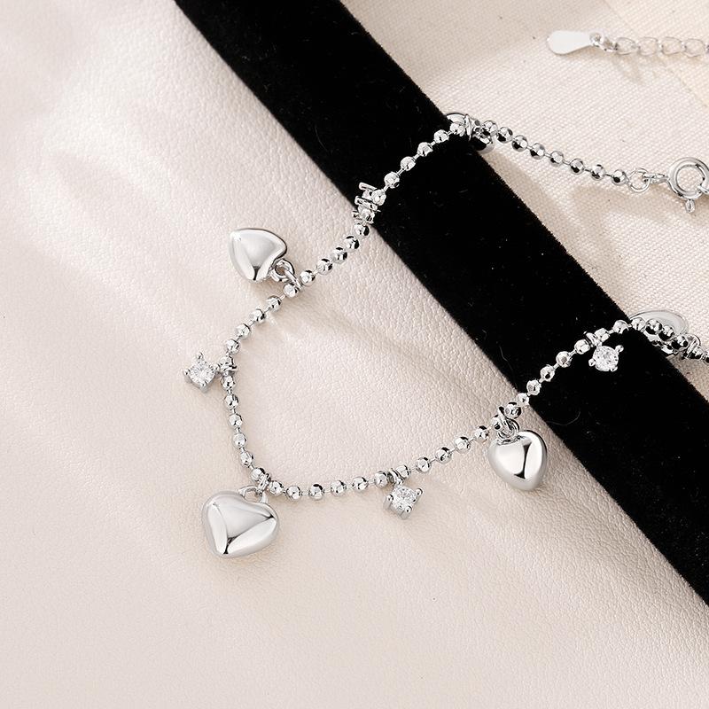 925 Silve Love Heart Anklet for Women Zircon Bead Chain Tassels Sweet Adjustable Jewelry Gift