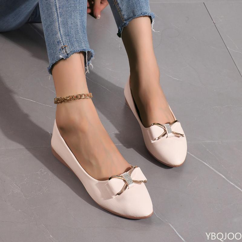 Pointed luxury Women's Flat New casual bow soft soled shoes Large size shallow mouth bean shoes Solid color comfort work flats