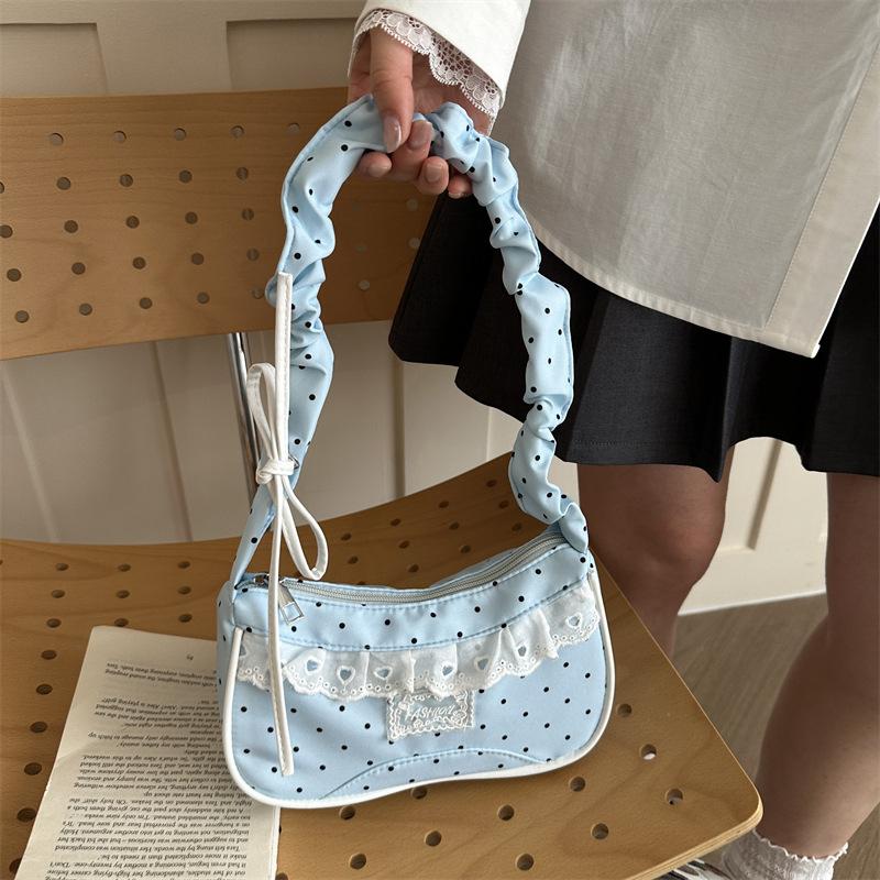 Lace Polka Dot Shoulder Bag Stretchable Strap Large Capacity Pleated Underarm Bag Multi-Color French Stick Handbag Purse