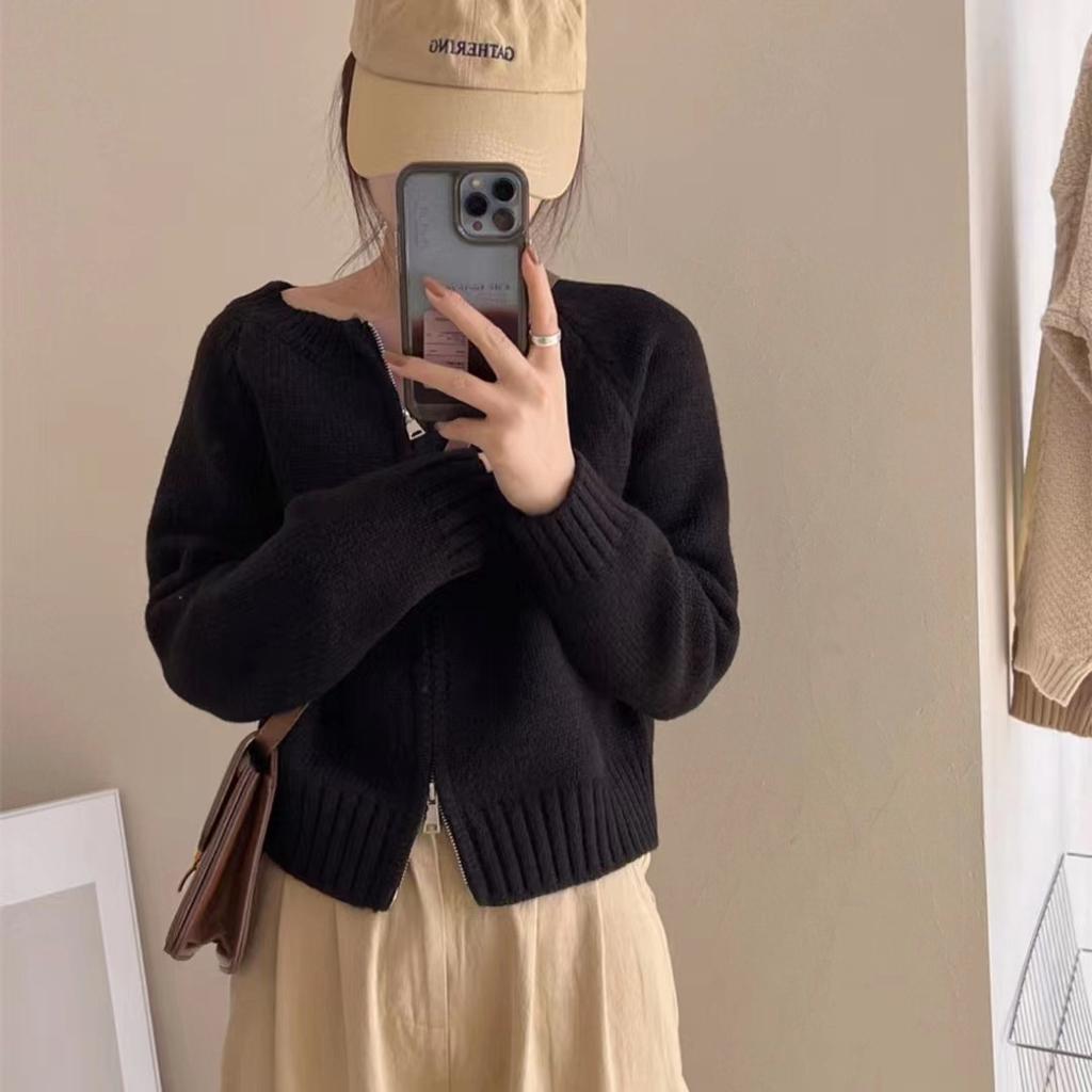 Autumn and Winter New Simple Casual Versatile Knitted Cardigan Top Women's Double Zipper Short Sweater Jacket