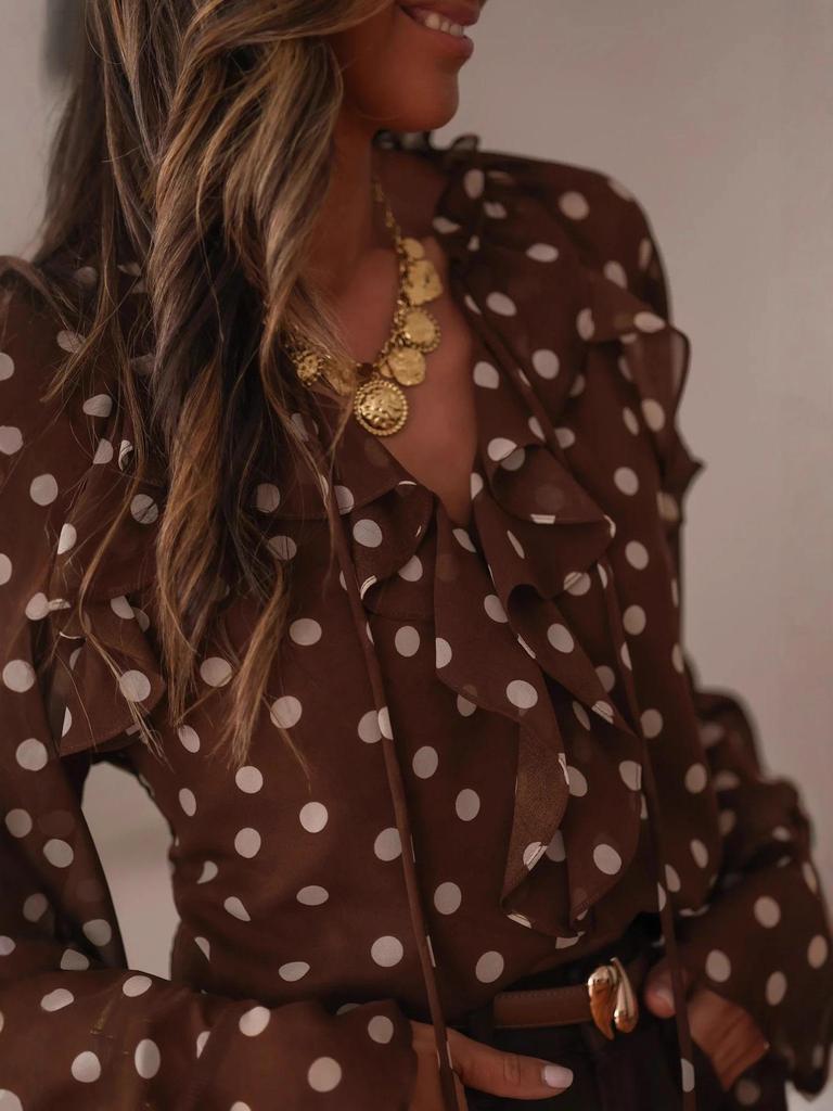 Nuevo Top de Gasa con Lunares, Mangas Largas y Volantes para Mujer, Estilo Europeo y Americano