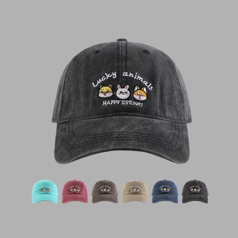Washed retro hat women's new cartoon animal embroidered baseball cap sweet sunshade duck tongue