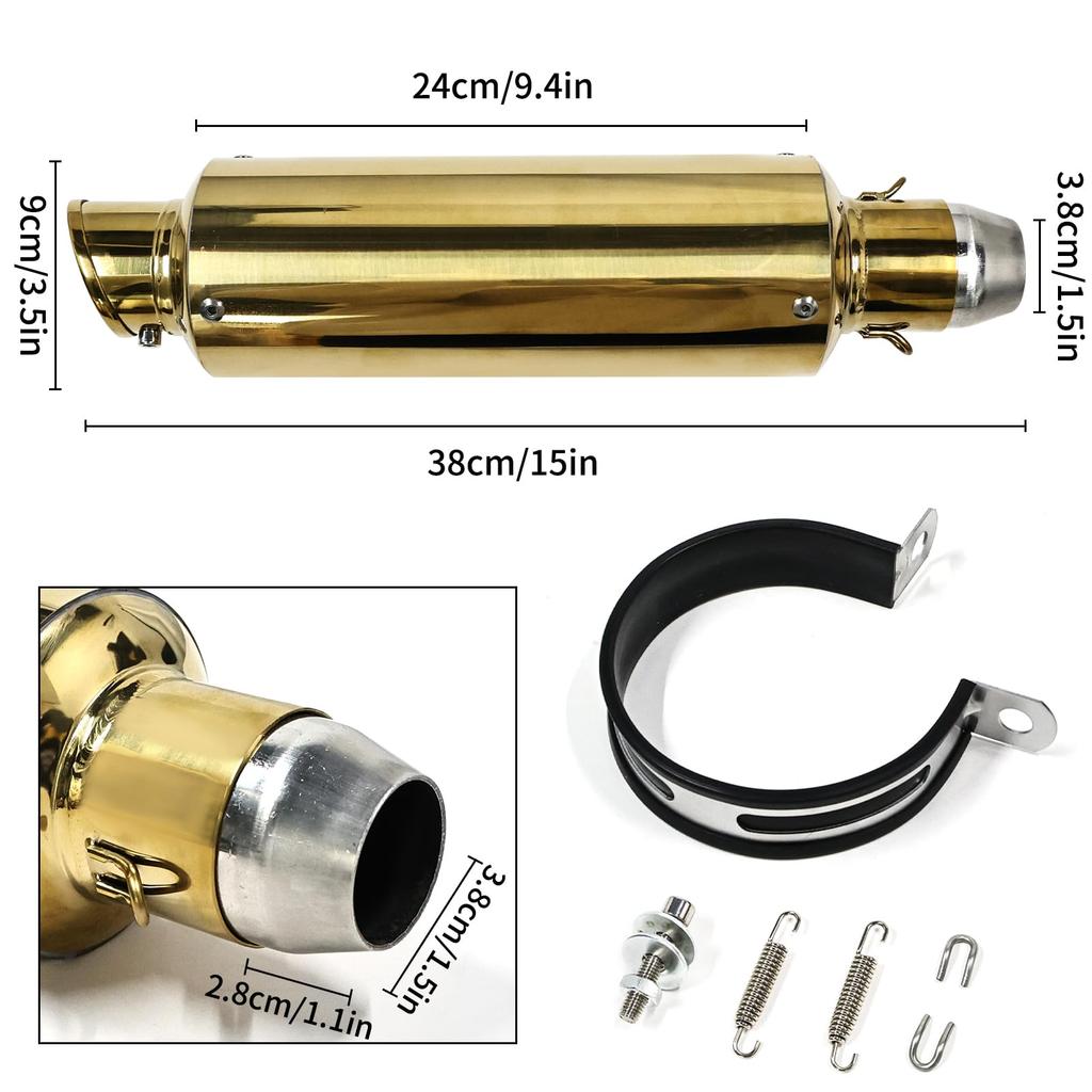 Universal Gold Motorcycle Exhaust Stainless for and More Slip-On Muffler, 38mm/50.8mm, Silencer, Steel, Scooters, Motorcycles, ATVs, Off-Road