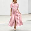Women Casual Shirt Dress Midi Length Button Front Dress with Belted Waist and Short Sleeve Turn Down Collar Plaid Pattern