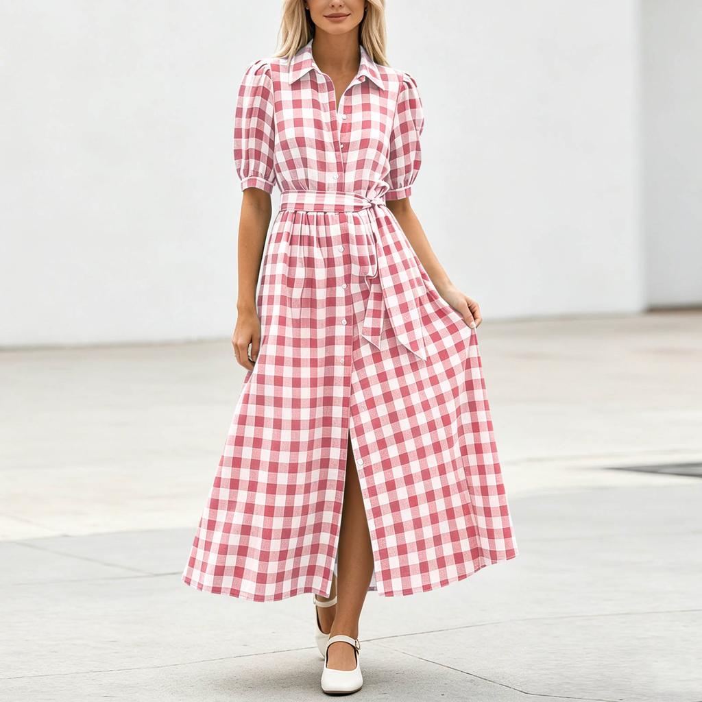 Women Casual Shirt Dress Midi Length Button Front Dress with Belted Waist and Short Sleeve Turn Down Collar Plaid Pattern