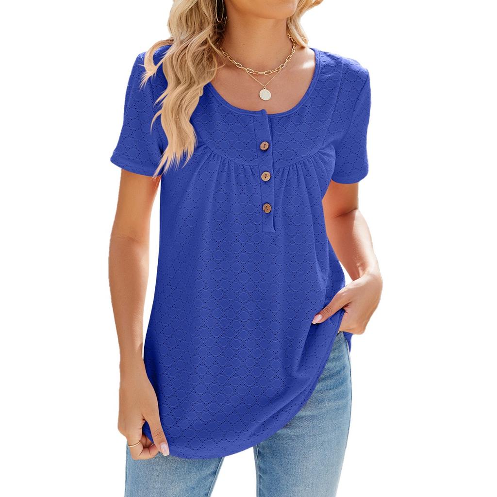 Summer New Solid Color Crew Neck Buttoned Loose Short Sleeve T-Shirt for European and American Cross-border Trade Amazon Independent Station