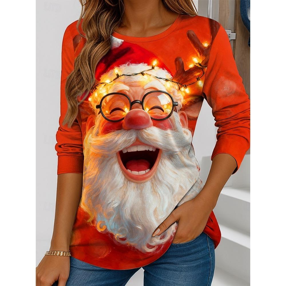 Women's Santa Claus Printed Christmas Theme Crew Neck Long Sleeve T-shirt Casual Comfortable Polyester Christmas Party Pullover