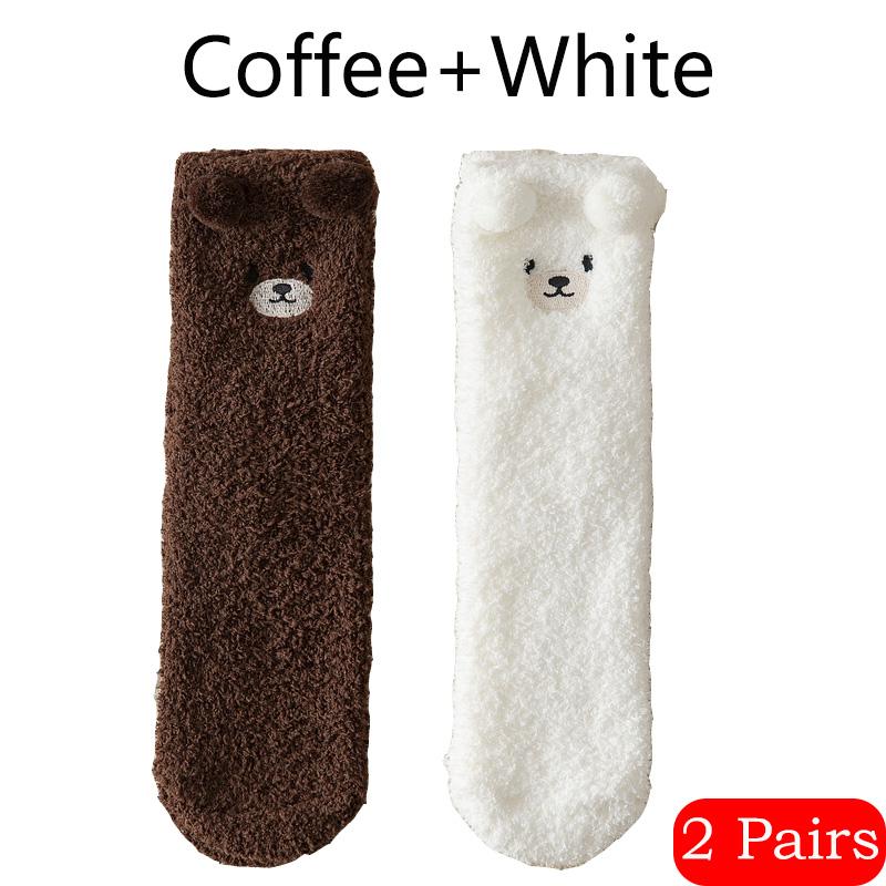 2 Pairs Coral Velvet Women's Socks Bear Thicken Plush Warm Sleep Fluffy Socks Cute Cartoon Lovely Floor Fleece Fuzzy Sock Winter