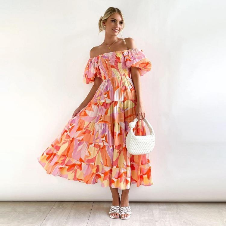 Fashion Summer Dress Women Strapless Print Pleated Short Sleeve Ankle Length