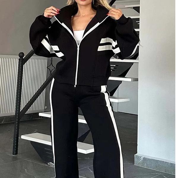 Spring/Fall Striped Zipper Top Women's Casual Sports Set