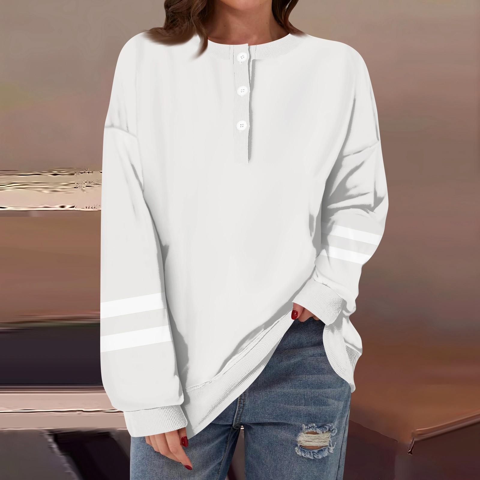

Женская повседневная мода удобная полосатая футболка с длинным рукавом и круглым вырезом на пуговицах, свободный подол с боковыми разрезами M белый