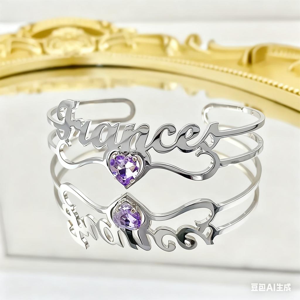 Custom Name Purple Birthstone Cuff Bangle For Women Punk Personalized Gold Color Bracelet Christmas Stainless Steel Jewelry Gift