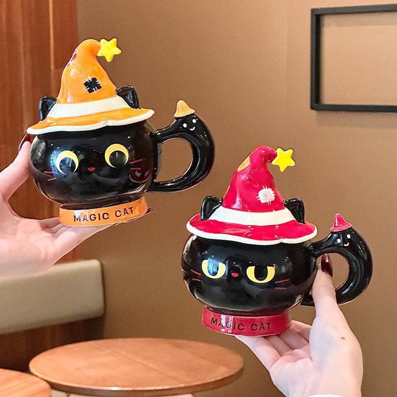Creative Halloween gift magic hat cat ceramic mug with lid for girls practical mug souvenir gift box