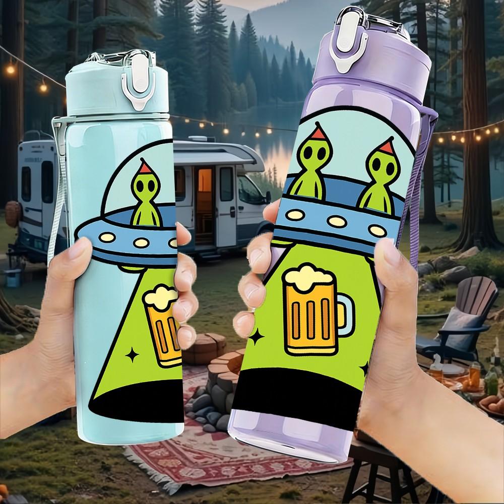 1PC UFO Alien Beer Cartoon Pattern 750ml Color Plastic Sports Water Bottle Leakproof Flip Straw Lid Suitable for Sports Office Home Use