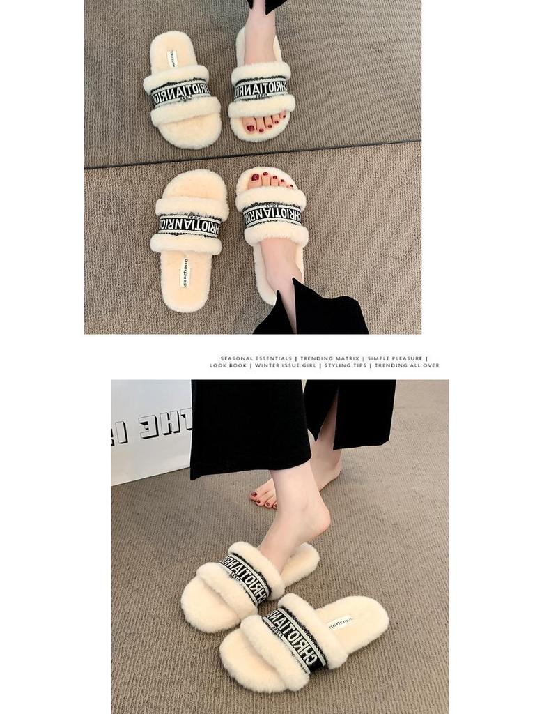 2025 Autumn/Winter Women's Fuzzy Flat Slippers - One-Strap, Letter Design, Versatile Korean Style, Warm Outdoor Footwear (EU)