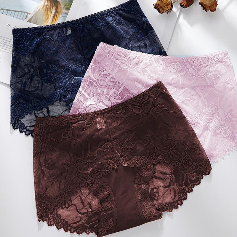 8 Color Plus Size Women Panties Sexy Lace Transparent Underwear Panty Seamless Mid-Waist Hip Raise Briefs Cotton Health Lingerie