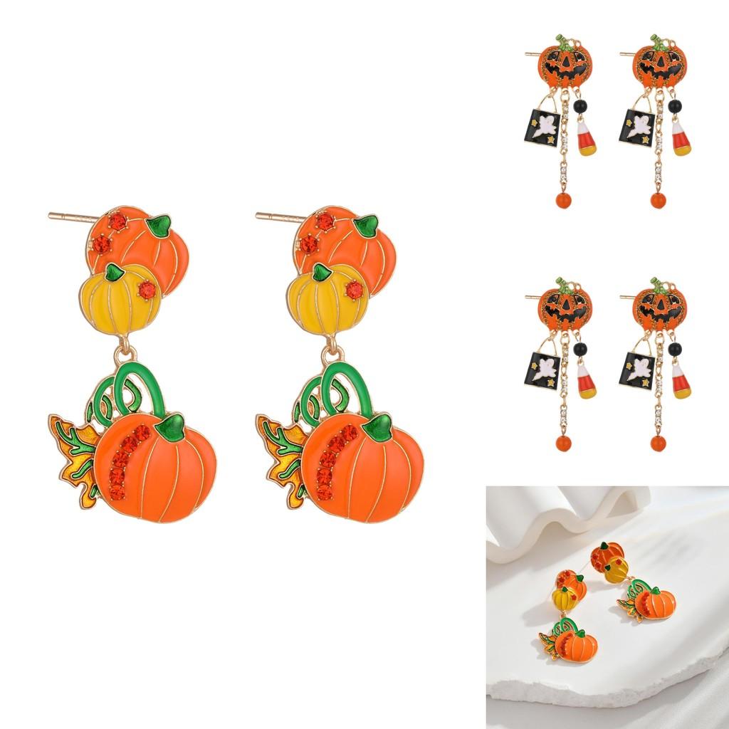 Unique Trendy Halloween Ghost Pumpkin Dangle Earrings With Dazzling Zircon For Women