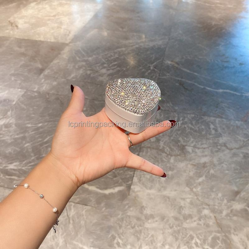 Rhinestone Decorated Heart Shape Luxury LED Champagne Fashion Wedding Ring Box Special Jewelry Gift Boxes with Velvet Insert