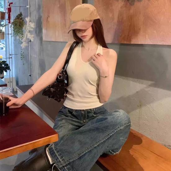 Women Tops Halter Sleeveless Backless Tank Tops Solid Color Slim Fit Base Shirt Party