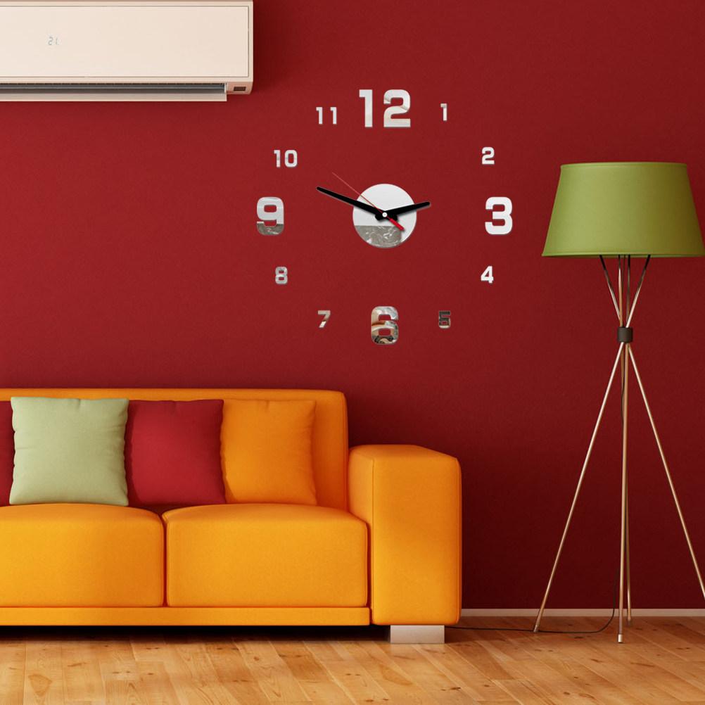 Large Silver Acrylic Wall Clock Frameless Silent Sweep For Home Office Decor 3D Adhesive Modern Art Clock Living Room