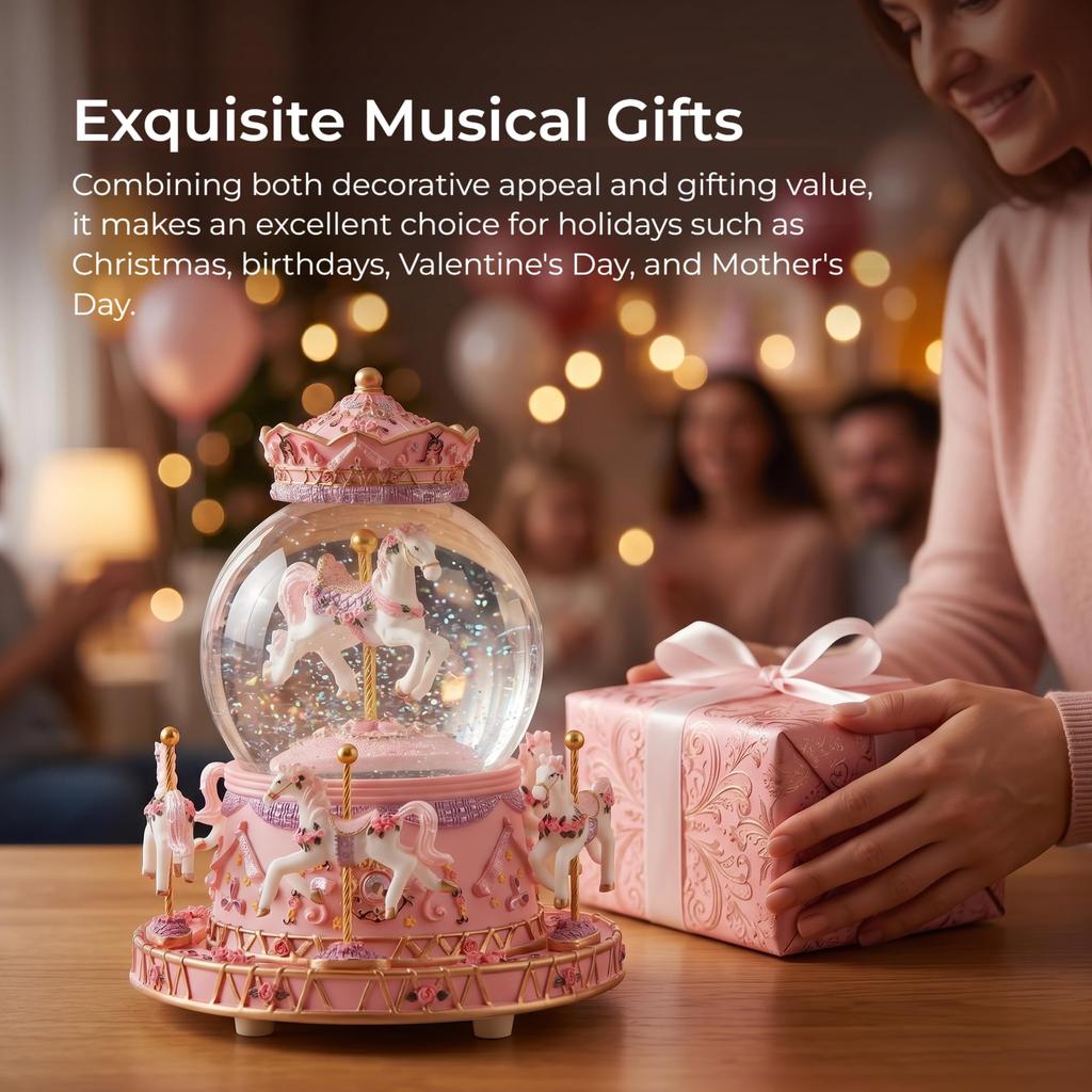 Snow globe music box with colored LED lights, merry-go-round, crystal ball, and automatic snowfall. Popular as a birthday or Christmas gift for girls,
