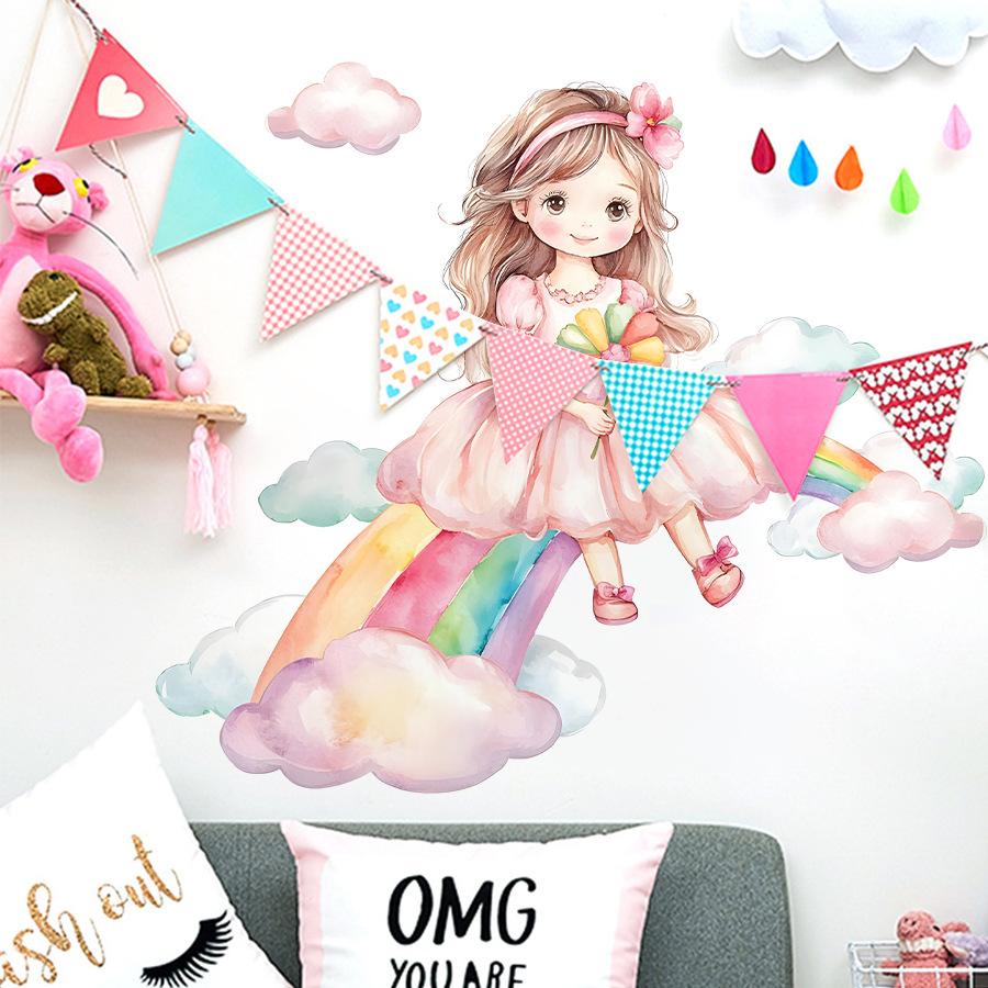 Cute Cartoon Girl on Cloud with Rainbow Bridge Wall Stickers, Self-Adhesive Kids Room Kindergarten Decor for Wall Decoration