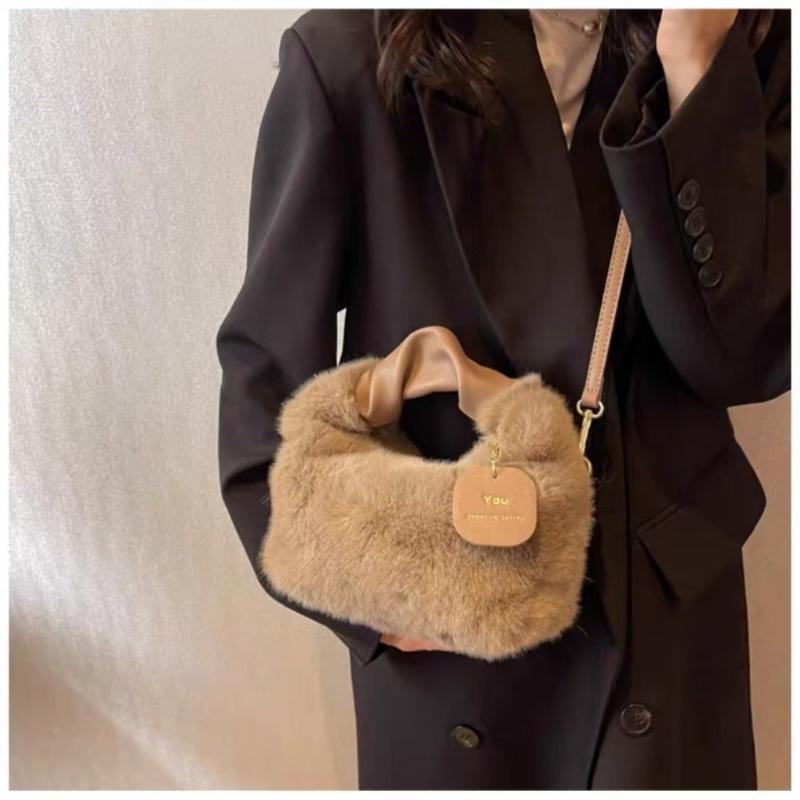 Women Faux Fur Handbag Solid Color Plush Top-Handle Bag Adjustable Shoulder Strap Comfortable Ladies Girls Trendy Bag