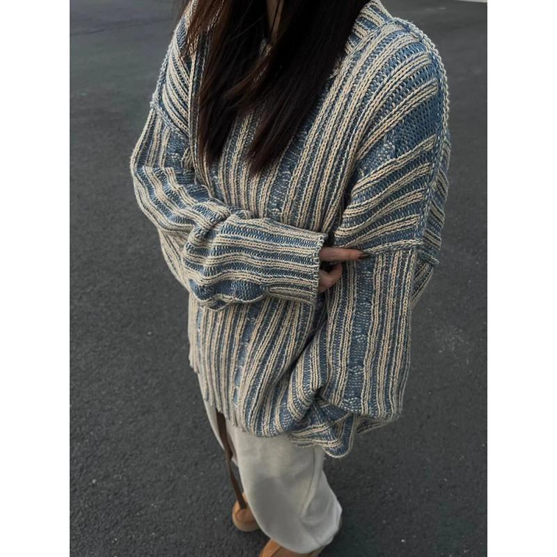 Womens Striped Sweater Vintage Loose Fit Crewneck Long Sleeve Casual Knitwear