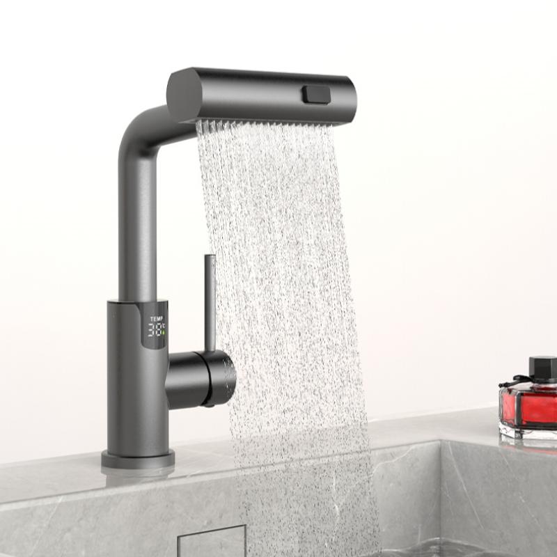 Waterfall Temperature Digital Display Basin Faucet Pull Out Stream Sprayer Hot Cold Water Sink Mixer Wash Tap For Bathroom