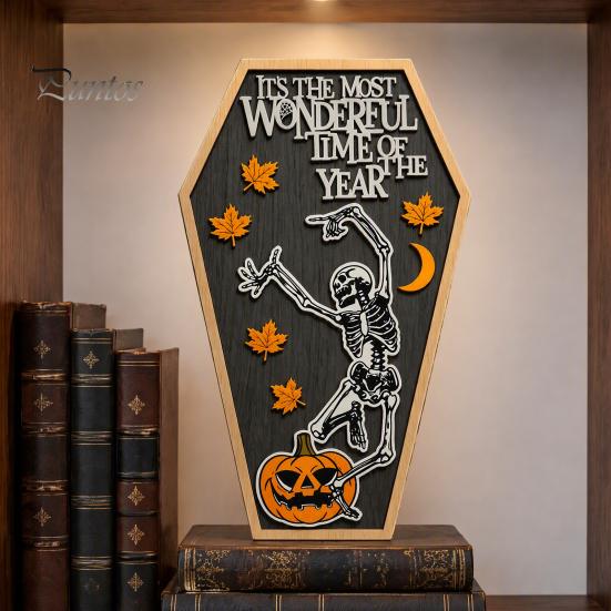 Festival Atmosphere Ornaments Halloween Table Sign, Spooky Message Board, Wooden Tabletop Centerpiece with Skeleton Unique Presents And Maple