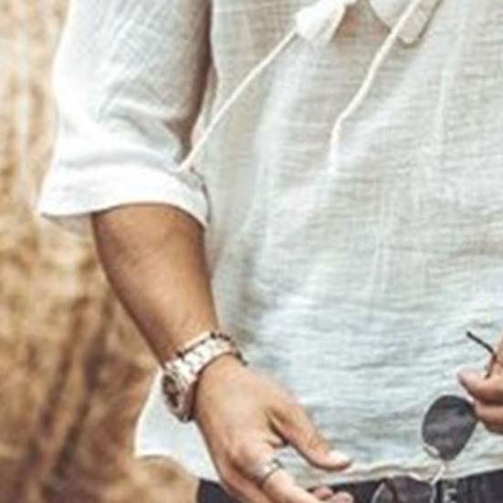 Camicia Casual da Uomo in Cotone e Lino a Manica Corta con Scollo a V e Laccio T-shirt Bohemian Vintage Top Estivo da Spiaggia