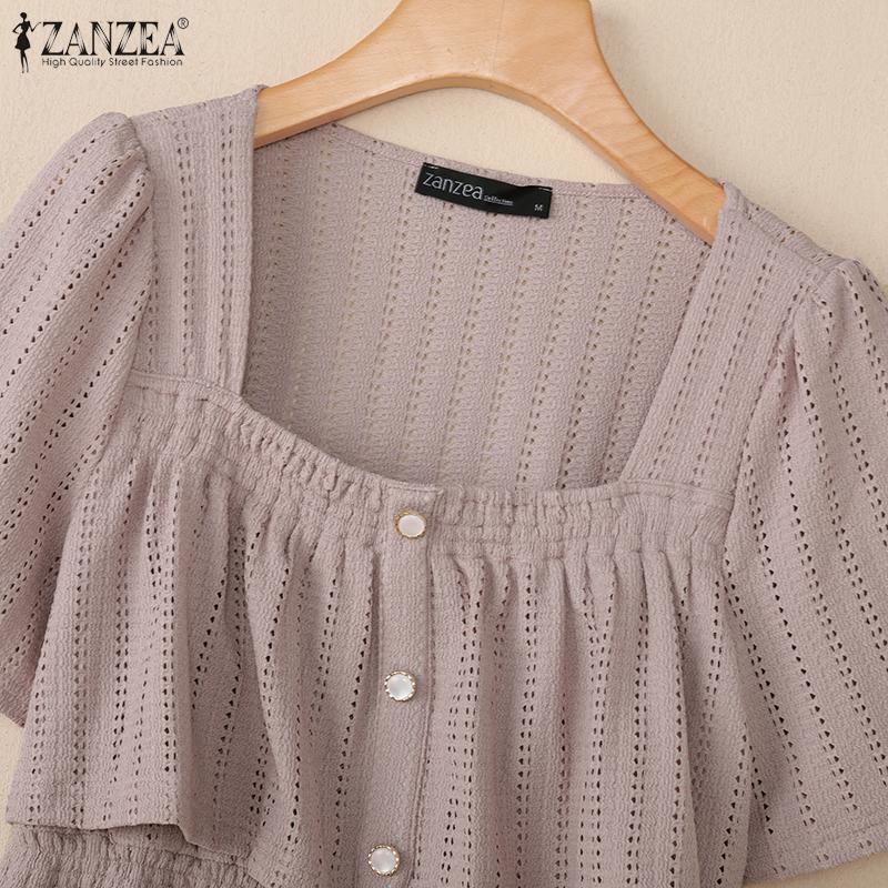 ZANZEA Women Square Collar Short Sleeve Layers Ruffled Hollow Casual Blouse