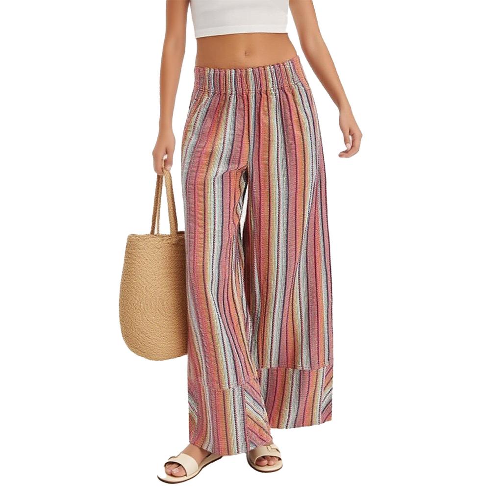Women's Striped Wide Leg Palazzo Pants Elastic High Waisted Baggy Loose Long Trousers