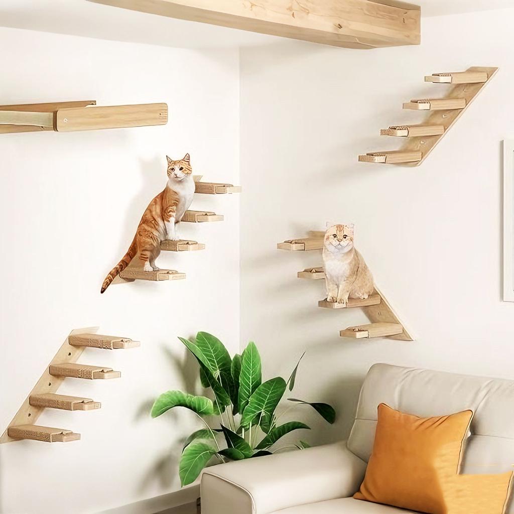 1 Piece Wooden Scratching Climbing Post Climbing Ladder Jumping Platform with Stairs, Climbing Cat Bridge Nest Hammock
