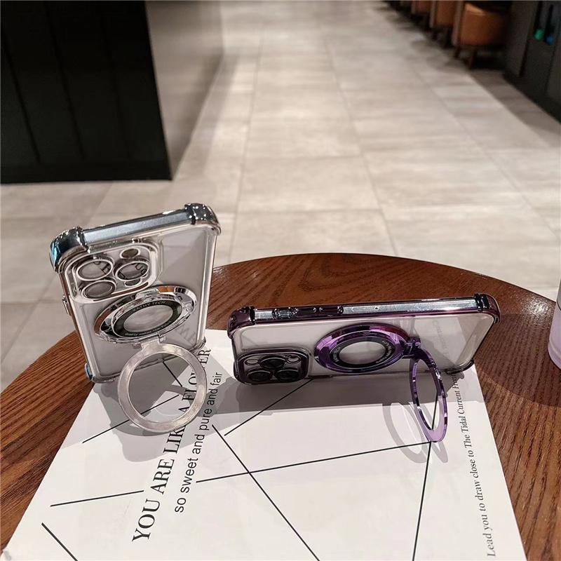 For iPhone 16E 16 Pro Max Luxury Flash Holder Stand Plating Frame Phone Case For iPhone 11 12 13 14 15Plus Lens Protective Cover