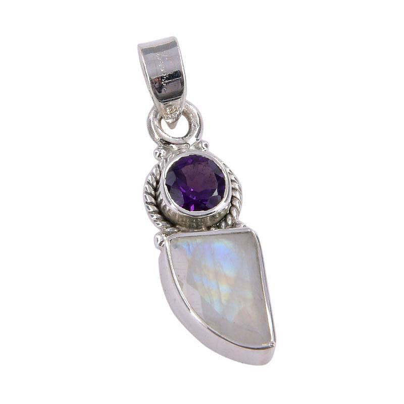 Natural Rainbow Moonstone,Amethyst 925 Sterling Silver Gift Pendant 1.25" T9n05