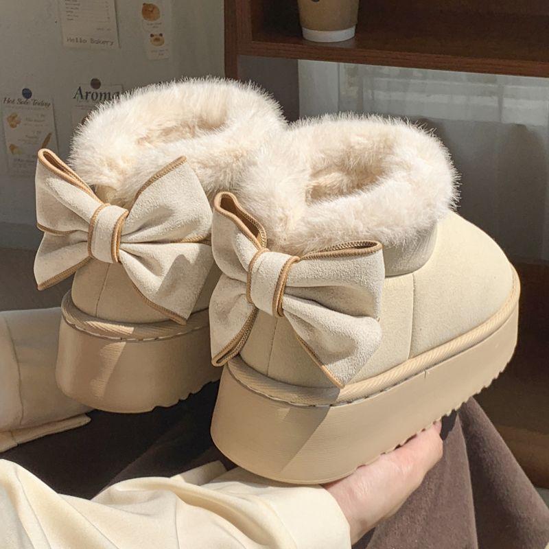 Bow Chunky Snow Boots for Women Plush Round Toe Woman Shoes Winter Kawaii Ankle 2025 Novelty Furry Trend Fashion Padded Footwear