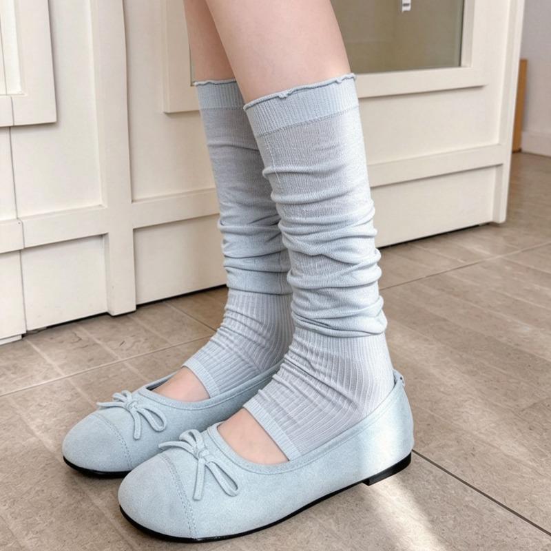 Frühlings- und Sommer-Strumpfsets mit Plüschstrümpfen, Ohrbündchen aus Holz, Beinlinge, Passenden Flip-Flops, Wadenstrümpfen im Ballett-Stil, Aus reiner Baumwolle