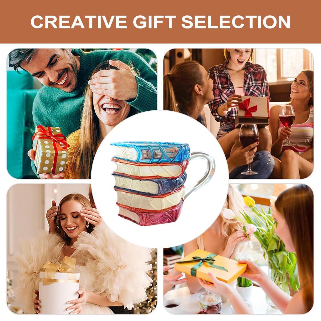 Novelty 3D Painted Books Coffee Mug Unique Books Stack Coffee Cup Creative Drinking Cup Collection Gifts for Literature Lovers