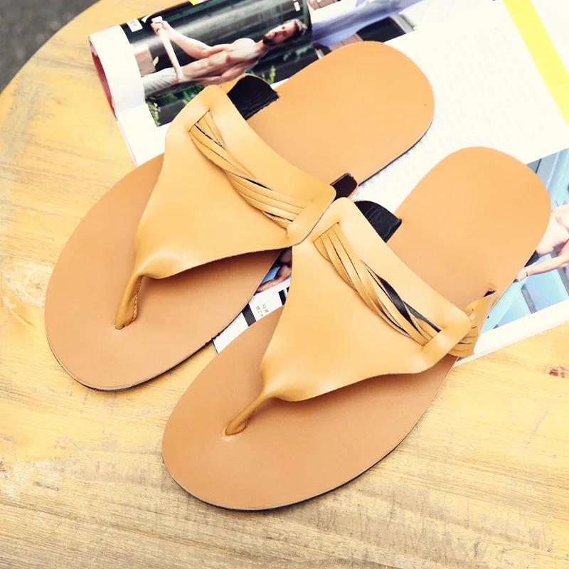 Outdoor Beach Shoes Men Flip Flops Fashion Breathable Summer Light Genuine Leather Casual Shoes Slides Black Sandal Men White